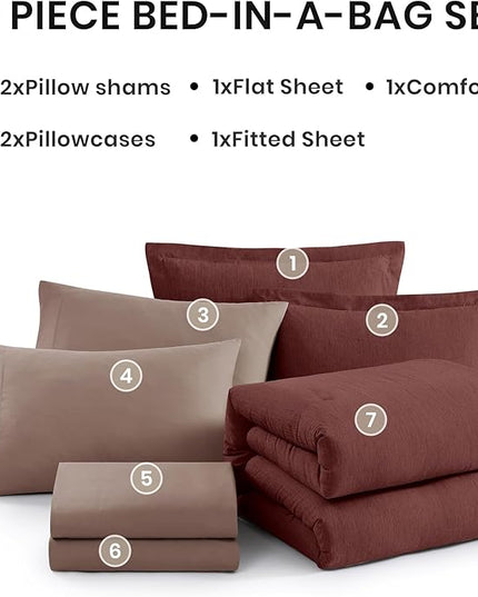 Monbix Queen Comforter Set - 7 Pieces Cationic Dyeing Dark Red Bed in a Bag Queen Bedding Sets with Comforter, Sheets, Pillowcases & Shams, Reversible Bedding Comforters Sets