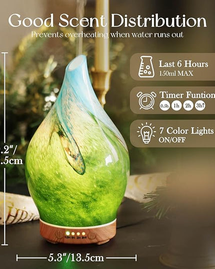 Porseme 150ml Essential Oil Diffuser Glass Color Changing Aroma Air Diffusers Aromatherapy Ultrasonic Cool Mist Humidifier 6 Running Hours Waterless Auto-Off for Sleeping Yoga Office Spa (Blue Grass)