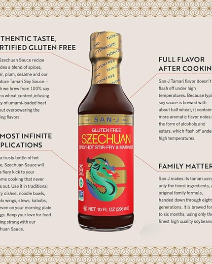 San-J Gluten Free Szechuan Cooking Sauce - Szechuan Sauce, Szechuan Dipping Sauce, Hot & Spicy Marinade & Stir Fry Sauce, Kosher, Non-GMO, No Artificial Preservatives - 10 Fl Oz