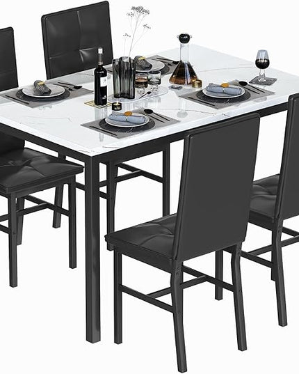 Hooseng Dining Table Set for 4, Modern Faux Marble Kitchen Table with 4 PU Leather Chairs, 5-Piece Small Dining Room Table Set for Dinette, Breakfast Nook