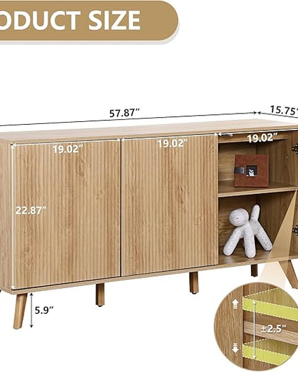 Fluted Sideboard Buffet Cabinet with Storage, Modern Storage Cabinet with 3 Doors, Wood Credenza Buffet Sideboards, Bar Cabinets Console Table for Kitchen Dining Living Room Entryway (Natural)