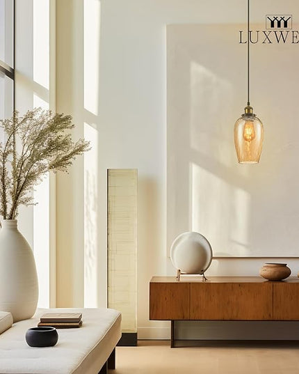Modern Glass Pendant Light, 6"x9.2" Amber Ribbed Oval Light Fixture with Gold Cap, 15"-72" Adjustable Cord, E26 Socket for Kitchen or Hallway – Sunrise Glow Oval