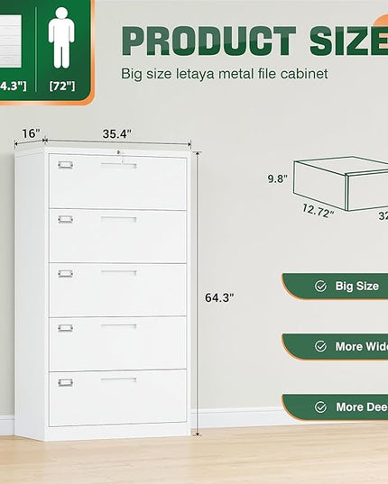 Letaya Lateral 5 Drawer File Cabinet with Lock,Metal Wide White Filing Cabinets for Home Office Storage A4/F4/Letter/Legal(Assembly Required)