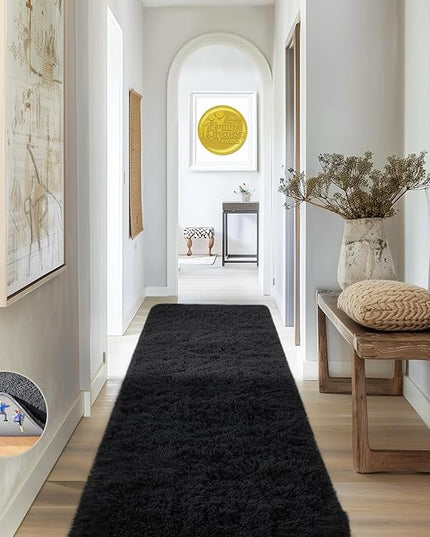 Ophanie 2x8 Runner Rug for Hallway, Upgrade Non-Slip Fluffy Soft Bedside Rugs, Bedroom Living Room Black Shaggy Carpet for Kids Girls Boys Dorm Nursery Home Decor Aesthetic