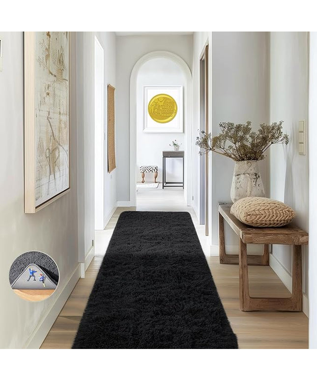 Ophanie 2x8 Runner Rug for Hallway, Upgrade Non-Slip Fluffy Soft Bedside Rugs, Bedroom Living Room Black Shaggy Carpet for Kids Girls Boys Dorm Nursery Home Decor Aesthetic
