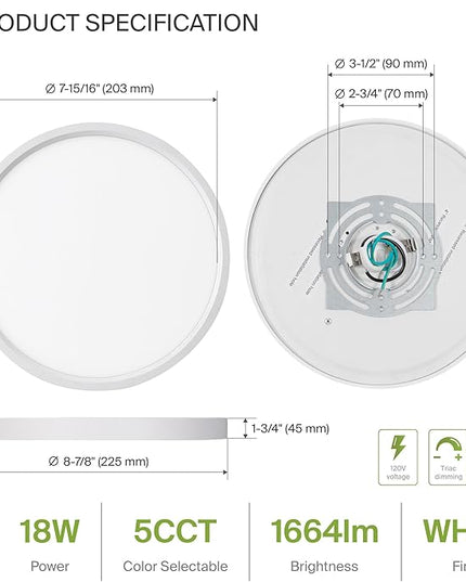 ASD LED 9" Round Flush Mount Ceiling Light Fixture, Low Profile Surface Lighting | 5CCT, Dimmable, Ultra-Thin, ETL Listed | 18W 1660LM 2700-6000K 120V | Kitchen, Bedroom, Hallway Lamp | White