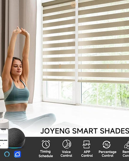 Cordless Motorized Zebra Blinds for Windows Blackout with Remote, Custom Dual Layer Smart Zebra Shades Work with Alexa Google, Automatic Electric Light Filtering Roller Sheer Shades, Coffee
