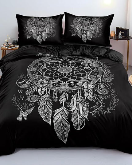 Black Dream Catcher Bedding Set – Boho Feather Print Duvet Cover for Teens & Adults – Soft Comforter Cover for Bohemian Bedroom Decor, Twin/Full/Queen Sizes