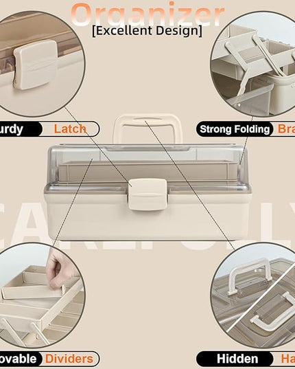 12.5in 3-Layer Multipurpose Craft Organizers and Storage with Adjustable Dividers, Portable Tackle Box, Folding Art & Craft Case for Medicine, Tool, Sewing Organizer (Brown)