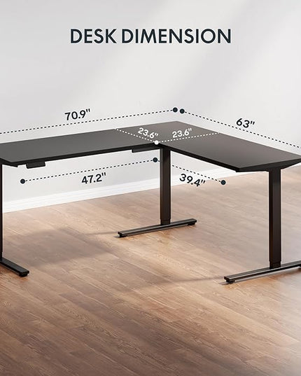 SANODESK Electric Corner L-Shaped 71 x 63 in Standing Desk, Memory Height Adjustment, Black Top Black Frame