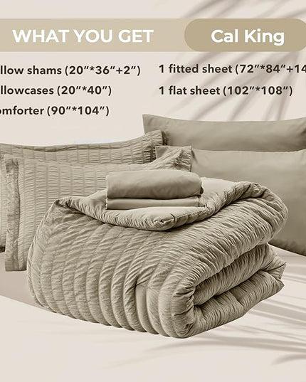 HYMOKEGE Linen California King Comforter Set Seersucker 7 Pieces, All Season Luxury Bed in a Bag for Bedroom, Bedding Set with Comforter, Sheets, Pillowcases & Shams