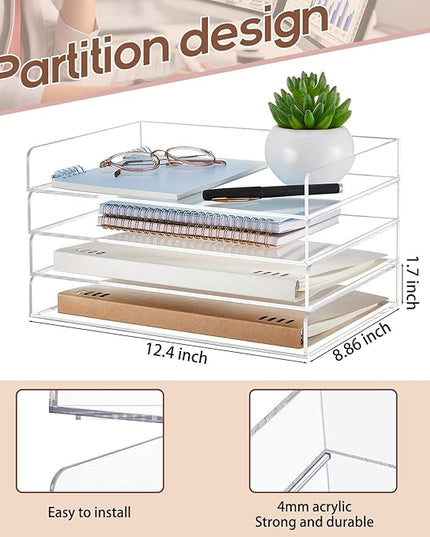 Harloon 4 Tier Acrylic Paper Tray 12.4 x 8.9 x 1.7 Inches Stackable Letter Clear Organizer No Need to Assemble Acrylic Paper Organizer File Tray for Office Workspace Desktop Storage(Transparent)
