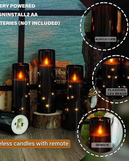 Flickering Flameless LED Candles, 9 Pcs with Embedded Star String, Acrylic LED Pillar Candles with Remote, Suitable for Home Decoration (Black)
