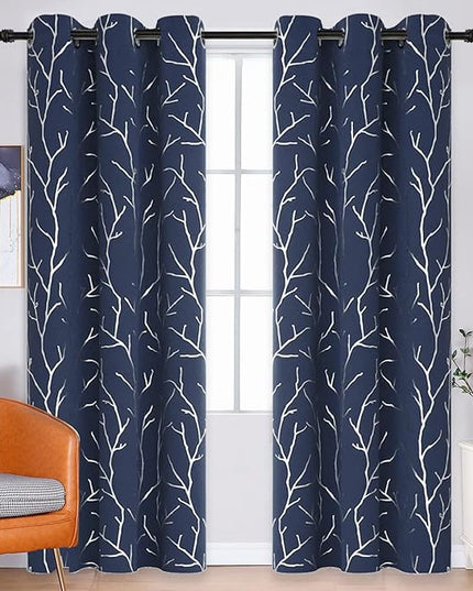 BUHUA Silver Darkening Curtains Tree Branches Print,Thermal Insulated Curtains, Drapes for Sliding Glass Door(38 x 96 Inch, Navy Blue, 2 Panels)