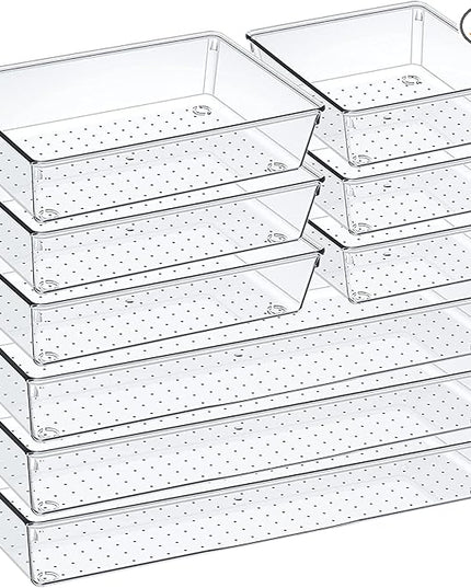 9 Pack Clear Plastic Drawer Organizer Set, Acrylic Non Slip Non Cracking Kitchen Drawer Storage Tray Large Size Divider, Multifunctional Storage for Cosmetics, Bathroom, Tools, Kitchen and Office