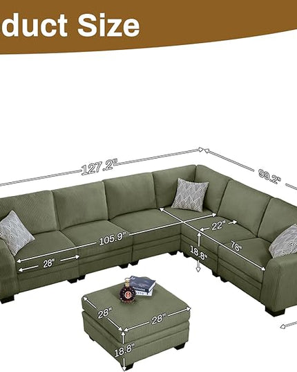 Legend Vansen Oversized Modular Sectional Sofa,7 Seat U Shaped Couch with Ottoman,Corduroy Sofa with Deep Seat,Convertible Large Sectional Couches for Living Room (Olive, L-7)