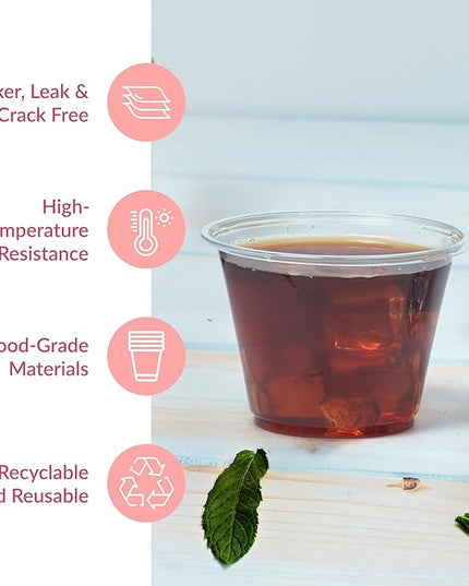 Prestee Clear Plastic Cups – 9oz Disposable PET Water, Wine, and Drink Glasses – Crystal Clear, Durable, Recyclable Party Cups – 100 Count for Holiday, Events, Coffee Shops, Restaurants