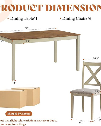AMERLIFE 7-Piece Farmhouse Solid Wood Dining Table Set with 6 Upholstered Chairs, 60" Space Saving Dinner Table & Chairs Set, for Dining Room, Kitchen, Restaurant, Rustic Cream
