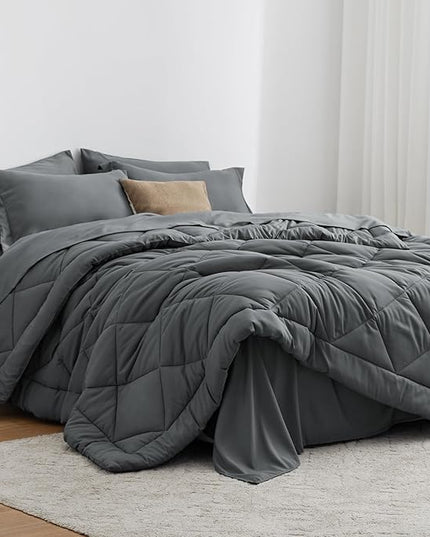 Love's cabin Twin XL Comforter Set Dark Grey, 5 Pieces Twin XL Bed in a Bag, All Season Bedding Sets with 1 Comforter, 1 Flat Sheet, 1 Fitted Sheet, 1 Pillowcase and 1 Pillow Sham