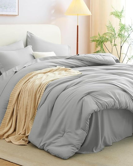 CozyLux Queen Comforter Set Light Grey, 7 Pieces Bed in a Bag Queen Comforter Set with Sheets, Soft Bedding Sets with Down Alternative Comforter, Fitted Sheet, Flat Sheet, Pillow Shams and Pillowcases