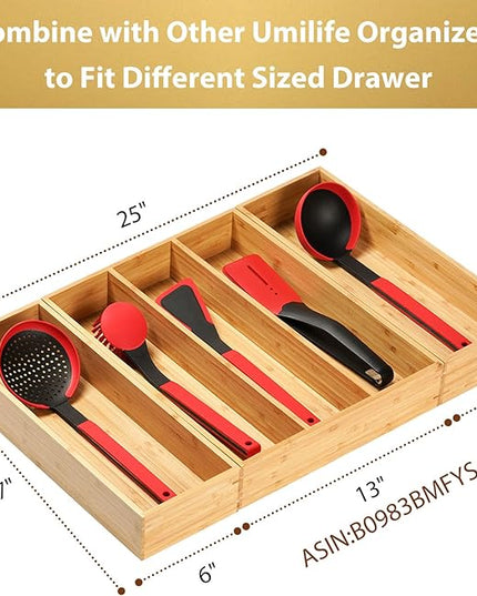 Umilife Bamboo Kitchen Utensils Organizer, Extra Long High Silverware Drawer Holder, Flatware Cutlery Storage Box, Multi-Use Drawer Divider in Office, Bathroom, Pantry - 17"x6"x2.5" (Set of 2)