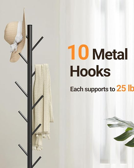 ELYKEN Coat Rack Freestanding with Natural Marble Base, Metal Coat Rack Stand with 10 Hooks, 3 Adjustable Size Coat Tree for Bags, Clothes, and Hats for Entryway, Bedroom, Hallway, Office, Black