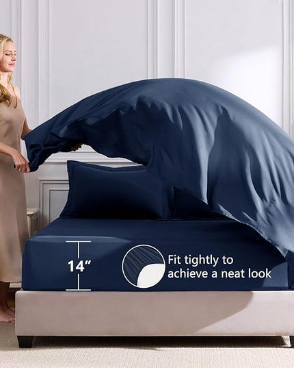 CozyLux California King Comforter Set Navy Blue - Cal King Bed in a Bag 7 Pieces, Luxury Soft Bed Set for All Seasons, Bedding Set with Down Alternative Comforter, Sheets, Pillowcases & Shams