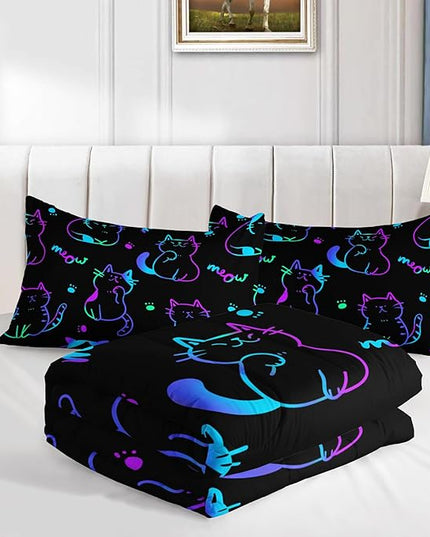 3D Neon Cat Kids Comforter Set,Gradient Line Cat Toddler Comforters Full Size for Teens Kids Boys Girls Room Decoration,Black Kawaii Bedding Sets with 2 Pillowcases.