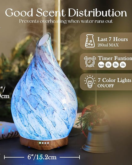 Porseme 280ml Glass Essential Oil Diffuser Aromatherapy Ultrasonic Cool Mist Humidifier 7 Running Hours Waterless Auto-Off Air Diffusers for Sleeping, Yoga, Office Working, Spa and Rest (Light Blue)