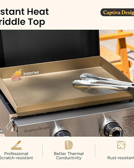 Captiva Designs 17 Inch 2 Burner Portable Propane Gas Griddle Grill with Lid, Outdoor Foldable Flat Top Grill with Stand for Barbecue, Camping and Tailgating