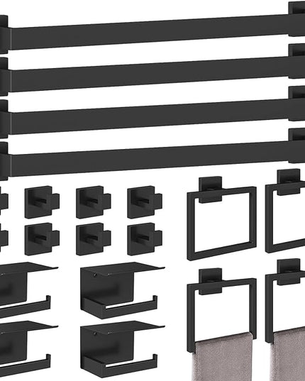 20-Pieces Matte Black Bathroom Hardware Set, 24 Inch Bath Towel Bar Set, Stainless Steel Towel Racks for Bathroom Wall Mounted