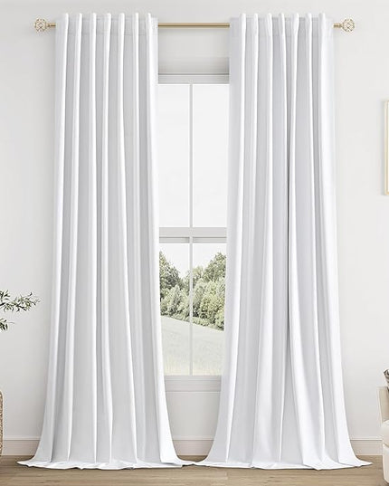 Guken 100% Blackout Linen Curtains 110 Inch Wide by 52 Inch 2 Panels Set for Living Room Bedroom Back Tab Thermal Insulated Black Out Linen Drapes Room Darkening Window Curtains, White