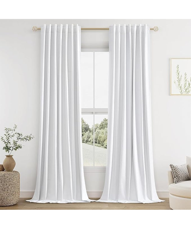 Guken White Linen Blackout Curtains 52 Inch Wide by 124 Inch for Living Room Bedroom Back Tab Thermal Insulated 100% Black Out Linen 2 Drapes Room Darkening Window Curtains Pure White