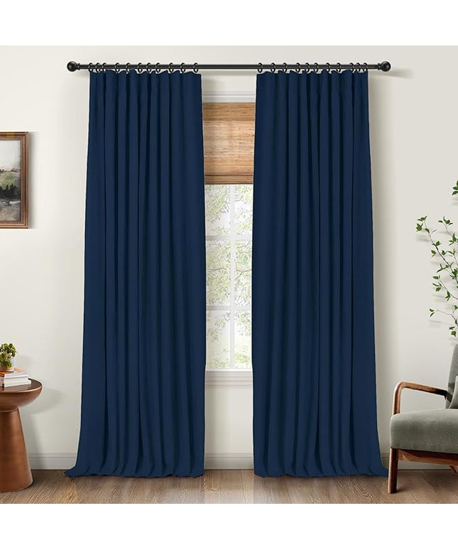 INOVADAY 100% Blackout Curtains for Bedroom, Black Out Curtains 96 Inch Long, Clip Rings Linen Blackout Drapes, Thermal Insulated Room Darkening for Living Room, 2 Panels - Midnight Blue,W50xL96