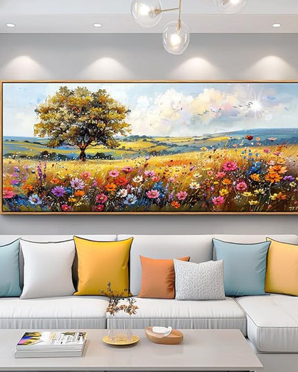 hyidecorart Farmhouse Wall Art For Living Room Pictures For Bedroom Wall Decor Natural Scenery Wall Painting Office Artwork Colorful Flowers And Trees Canvas Prints Hanging Decor Wood Framed 72x32