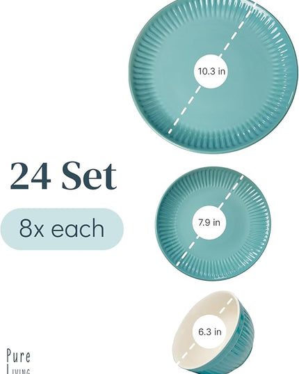 Stoneware Dinnerware Set for 8 People HYGGE 24-Piece - Elegant Scandi Design - Premium Dish Set - Bowl and Plate Set - Tableware for 8 People in a Ribbed Design - Pure Living in Green