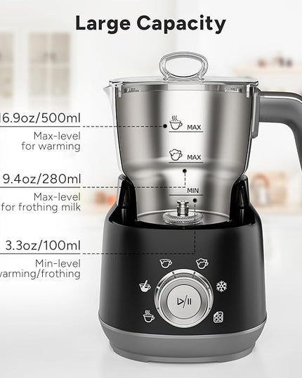 6-in-1 Electric Milk Frother and Steamer with Detachable Cups, Automatic Cold and Warm Foam Maker for Lattes/Cappuccinos/Hot Chocolate, Dishwasher Safe Black