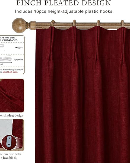 IVAPUPU Linen Pinch Pleated Blackout Curtains for Bedroom - Full Black Out Red Curtains 95 Inch Long 2 Panel for Living Room Darkening Thermal Window Curtain Drapes for Christmas Decor