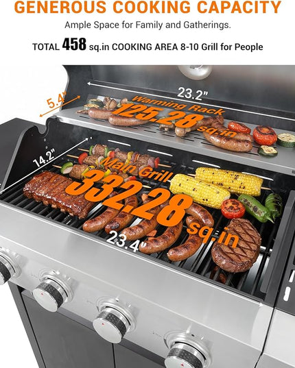 4-Burner Propane Gas BBQ Grill with Side Burner, 46,500 BTU Output Stainless Steel Barbecue Grill with Enameled Cast Iron Grates and Side Tables for Outdoor Cooking Kitchen and Patio Backyard