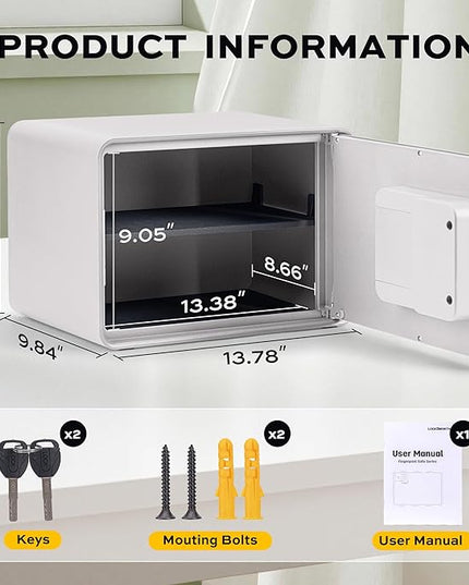 Biometric Safe for Home, 0.6 Cube Feet Auto-Open Fingerprint Safe with Touch Screen, Alarm System & Removable Shelf, Small Money Box for Cash, Jewelry, Documents, Home Office Use,White