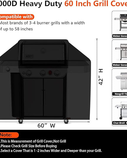 [Upgraded 1000D Heavy Duty Fabric] 60" Grill Cover for Outdoor Grill, Waterproof, Tear & Fade Resistant BBQ Cover with Buckle & Air Vent, Gas Grill Cover for 3-4 Burner Weber Nexgrill Char-Broil Grill