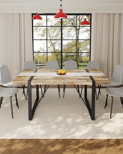 FURNITO Wood Dining Table Set for 8, 71" Large Rectangular Kitchen & Dining Room Table with 8 Fabric Linen Chairs, Modern Farmhouse Dining Set for Home, Living Room, Office, or Conference Room