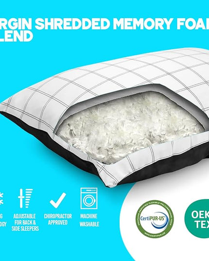 Fluff and Stuff Comfort Pillow | Queen Size Memory Foam Pillows, Chiropractor Designed and Approved 2-in-1 Back Support and Bed Pillows | Fully Adjustable Pillow (Checker, Queen (Pack of 1))
