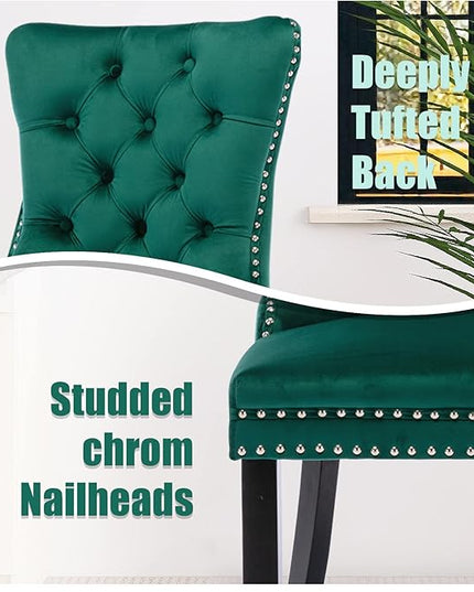 SoarFlash Velvet Dining Chairs Set of 6, Tall Back Side Chair, Modern Upholstered High-end Tufted Side Chair with Button Back Ring, Solid Wood Legs (Green)