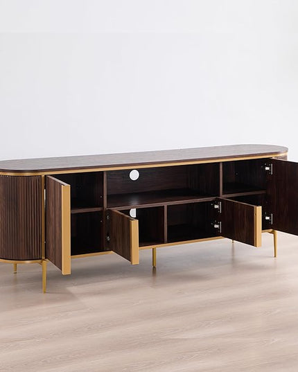 OKD Luxury 70" Fluted TV Stand, Modern Chic Entertainment Center for TVs Up to 80 inches, TV Console with Faux Marble Top, Curved Profile Design, Media Console for Living Room, (Dark Walnut)