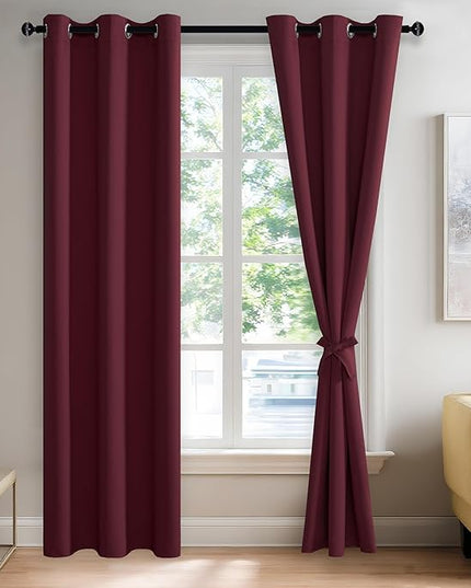 JIUZHEN Burgundy Blackout Curtains with Tiebacks Thermal Insulated, Light Blocking and Noise Reducing Grommet Curtains for Bedroom and Living Room, Set of 2 Window Curtain Panels, 42 x 84 Inch Length