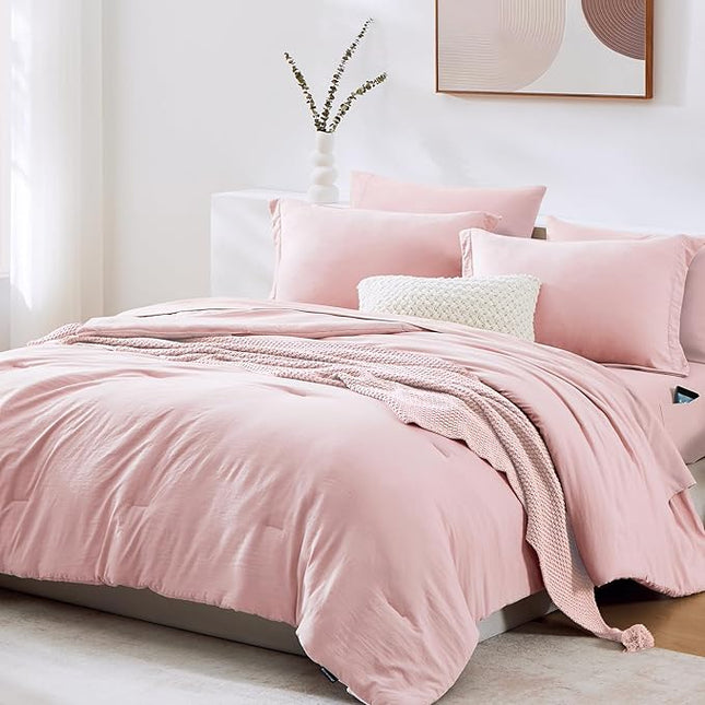 WRENSONGE Queen Comforter Set - 7 Pieces Soft Pink Soft Bed in a Bag Queen with Sheets, 2 Pillow Shams, and 2 Pillowcases- Warm Bedding Sets for All Season