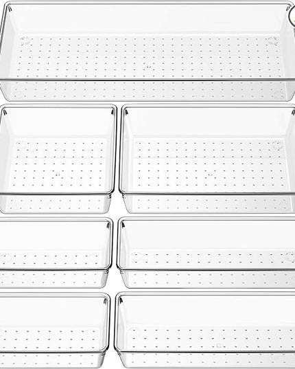 Criusia Clear Drawer Organizer 7 PCS - 5 Size Plastic Versatile Kitchen and Bathroom Organizer Trays, Non-Slip Storage Bins for Makeup, Utensils, Tool and Office Desk