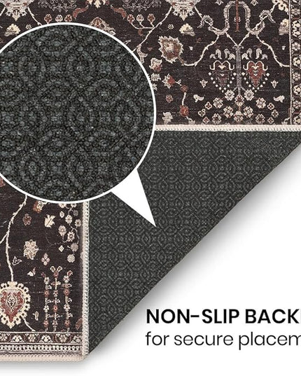 GLN Rugs Bohemian Collection - Machine Washable Area Rug, Bohemian Vintage, Non Slip, Low Pile Chenille Rug, Living Room, Bedroom, Bathroom Rug (5'3" Round Black)