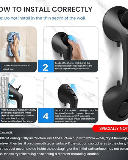 2 Pack 12 Inch Grab Bars for Bathtubs and Showers for Seniors, Heavy Duty Shower Handle for Elderly, Suction Cup Removable Handrails Handicap Bath Grip Bathroom Safety Grips （Black）